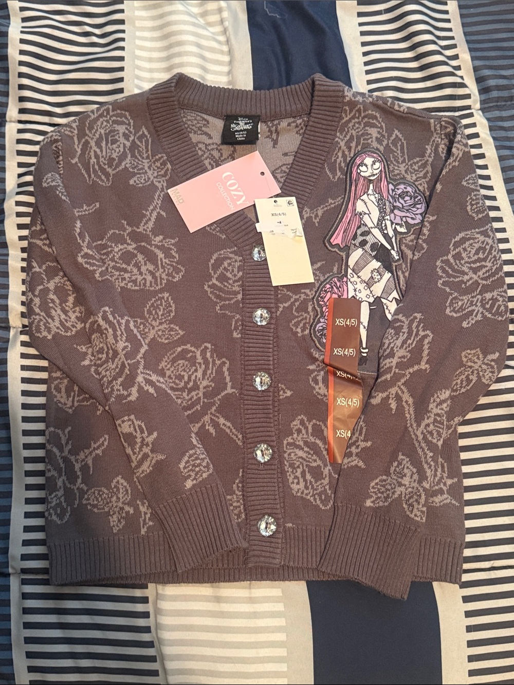 Disney Lavender-Taupe Floral Knit Cardigan with Character Patch